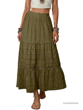 Boho Tiered High Waisted Cotton Long Flowy Skirt Maxi